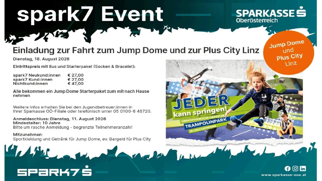 Einladung zur Fahrt zum Jump Dome und zur Plus City Linz